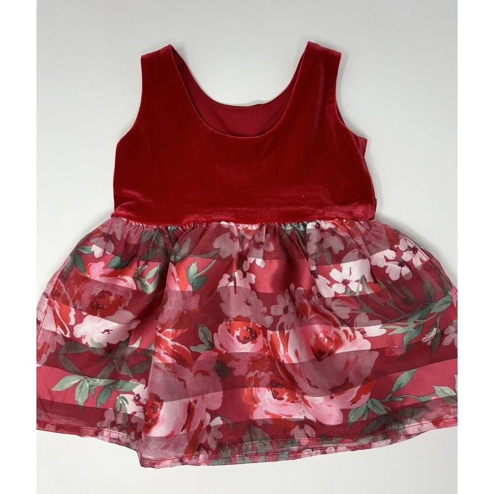 The‎ Childrens Place Red Green Pink Floral Holiday Dress  6-9 M